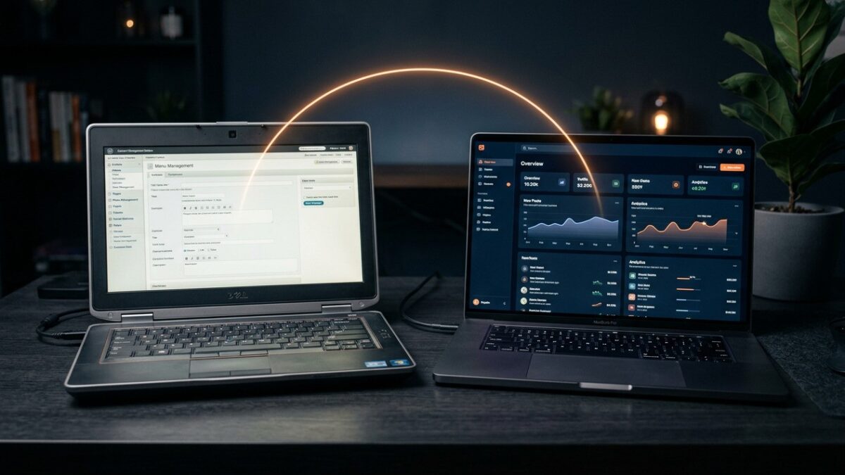 An older CMS admin beside a modern CMS dashboard, representing a version migration