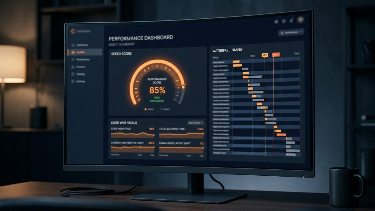 A website performance dashboard showing a speed score and waterfall request timings